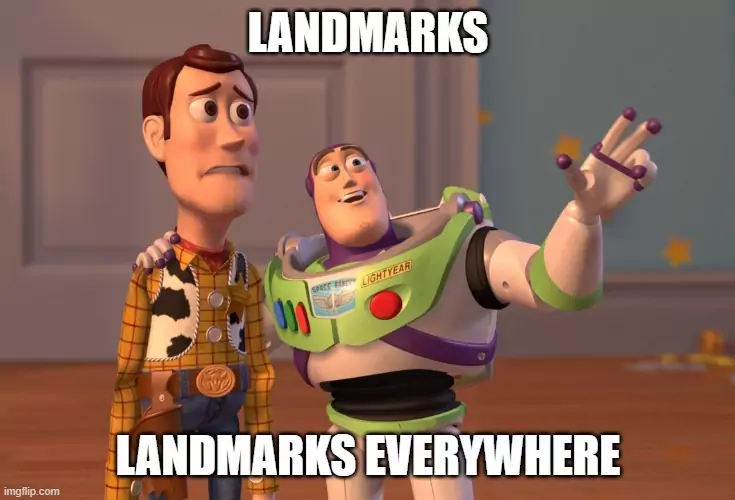Image humoristique de Buzz l'eclair montrant des landmarks partout