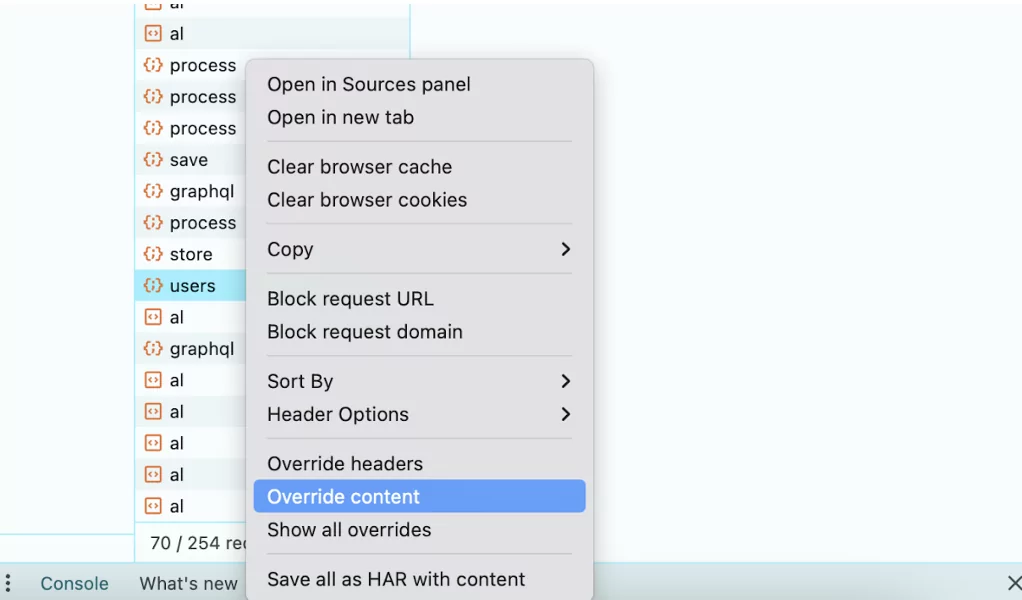 Screenshot of a right click on the users network response, 'override content' is being clicked.