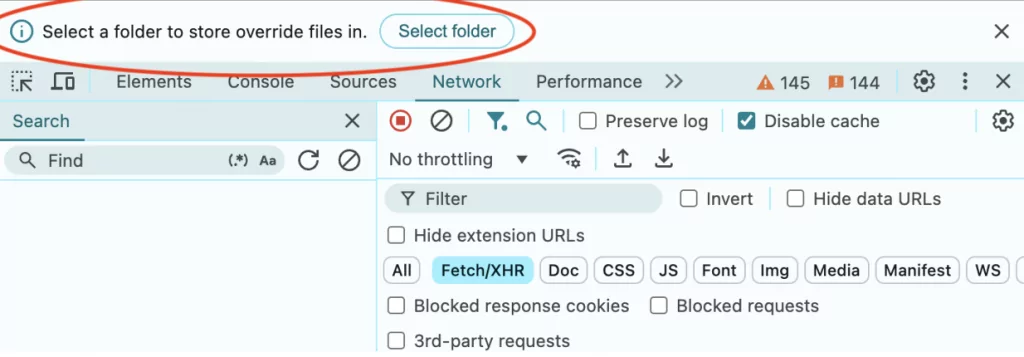 Screenshot of the chrome dev tools asking where to save overrides