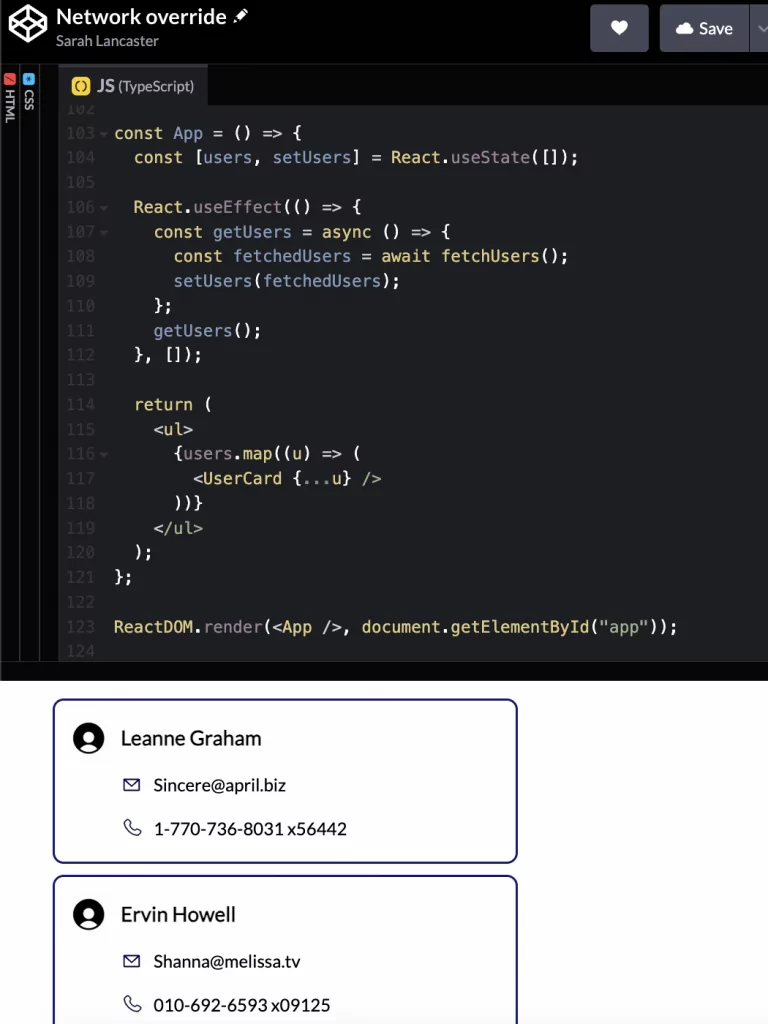 Screenshot of an app fetching users from an example API. The full code is available at the sandbox link below