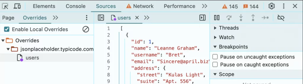 Network chrome dev tools displaying the overrides folder where edits to network responses can be saved