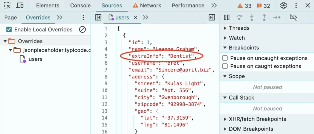 Screenshot of chrome dev tools in the overrides folder editing the users payload with the new data we want.